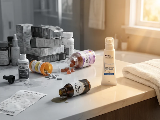 OrréNaturals ampoule compared to other hair loss products on a bathroom counter